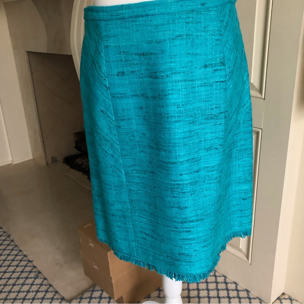 Worth Collection Turquoise Raw Silk Skirt with Fringe Hem Size 4